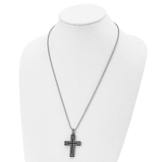 Chisel Stainless Steel Polished Laser Etched Black IP-plated Cross Pendant on a 24 inch Ball Chain Necklace
