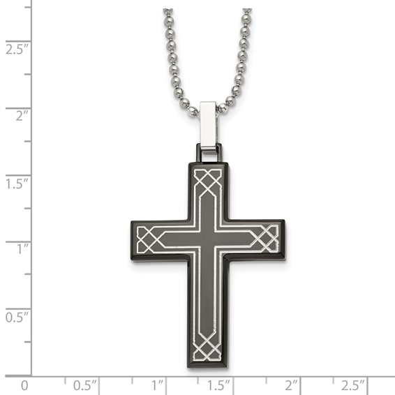 Chisel Stainless Steel Polished Laser Etched Black IP-plated Cross Pendant on a 24 inch Ball Chain Necklace