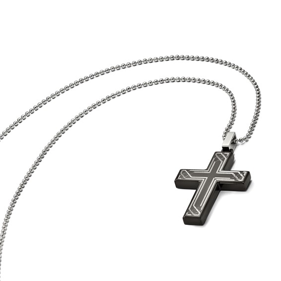Chisel Stainless Steel Polished Laser Etched Black IP-plated Cross Pendant on a 24 inch Ball Chain Necklace