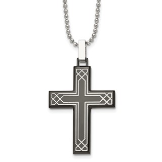Chisel Stainless Steel Polished Laser Etched Black IP-plated Cross Pendant on a 24 inch Ball Chain Necklace