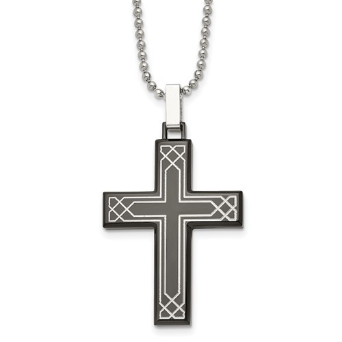 Chisel Stainless Steel Polished Laser Etched Black IP-plated Cross Pendant on a Ball Chain Necklace, 24"