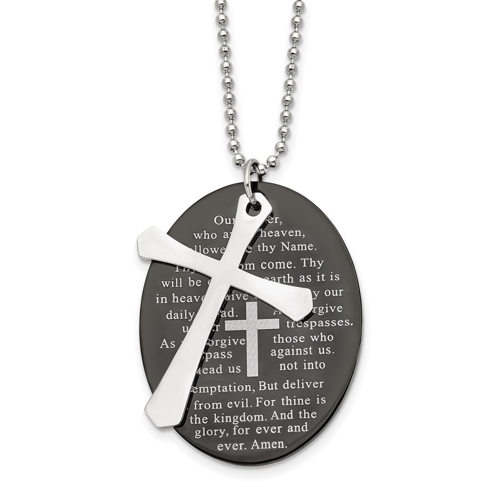 Stainless Steel Polished Black IP-plated Lord's Prayer Oval Cross Necklace