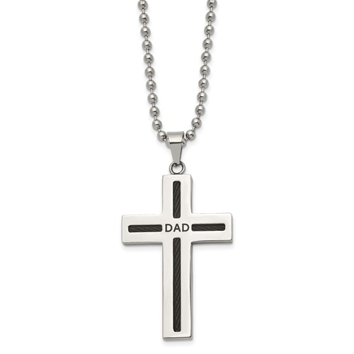 Chisel Stainless Steel Polished Black IP-plated Cable Dad Cross Pendant on a Ball Chain Necklace, 24"