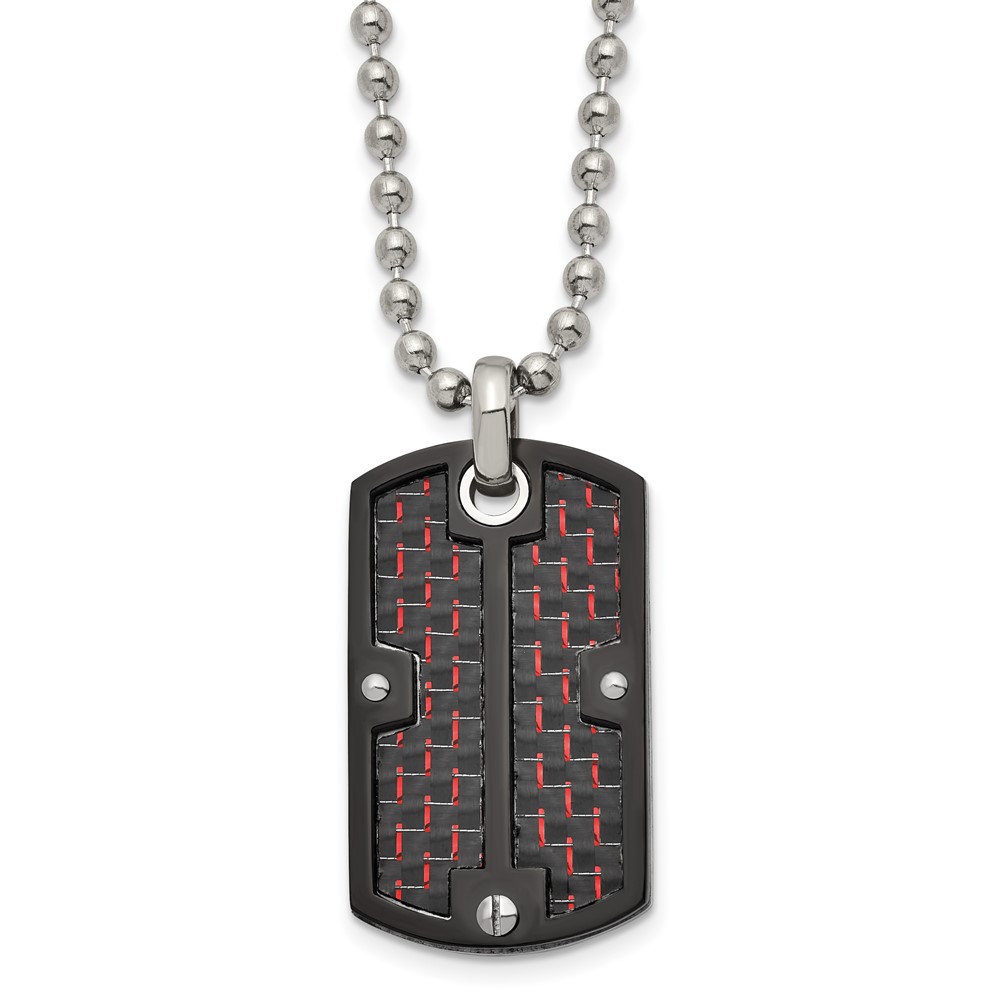 Stainless Steel Polished Blk IP Blk/Red Carbon Fiber Inlay Dogtag Necklace