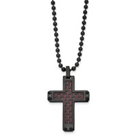 Chisel Stainless Steel Polished Black IP-plated Necklace with Black and Red Carbon Fiber Inlay Cross Pendant on a Ball Chain, 22" view 3