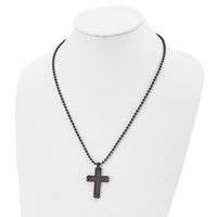 Chisel Stainless Steel Polished Black IP-plated Necklace with Black and Red Carbon Fiber Inlay Cross Pendant on a Ball Chain, 22" view 4