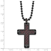 Chisel Stainless Steel Polished Black IP-plated Necklace with Black and Red Carbon Fiber Inlay Cross Pendant on a Ball Chain, 22" view 5