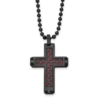 Chisel Stainless Steel Polished Black IP-plated Necklace with Black and Red Carbon Fiber Inlay Cross Pendant on a Ball Chain, 22" view 1