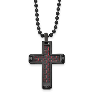 Chisel Stainless Steel Polished Black IP-plated with  Black and Red Carbon Fiber Inlay Cross Pendant on a 22 inch Ball Chain Necklace