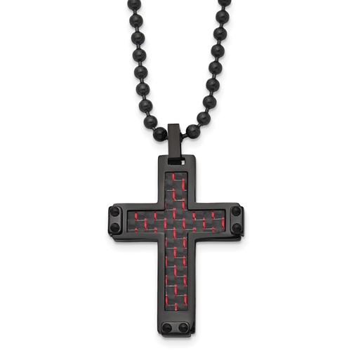 Chisel Stainless Steel Polished Black IP-plated Necklace with Black and Red Carbon Fiber Inlay Cross Pendant on a Ball Chain, 22"