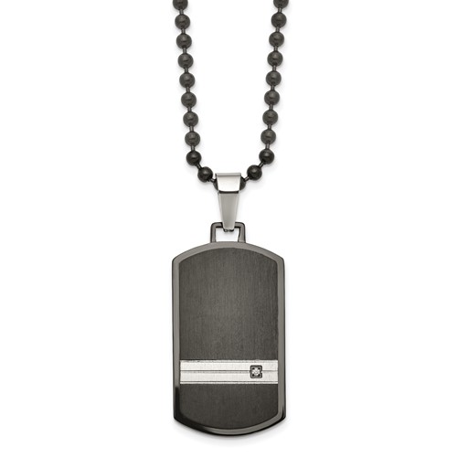 Chisel Stainless Steel Brushed and Polished Black IP-plated Necklace with CZ Dog Tag on a Ball Chain, 24"