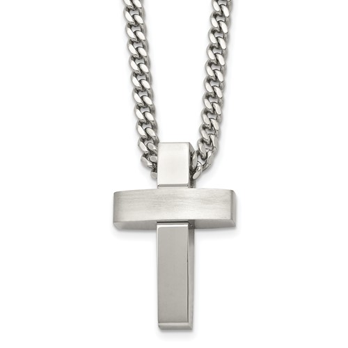 Chisel Stainless Steel Brushed and Polished Cross Pendant on a Curb Chain Necklace, 20"