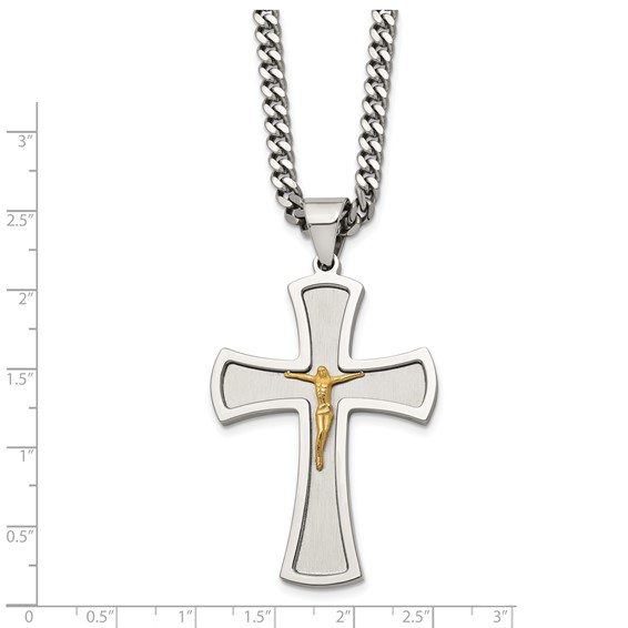 Chisel Stainless Steel Brushed and Polished Yellow IP-plated Crucifix Pendant on a 24 inch Curb Chain Necklace