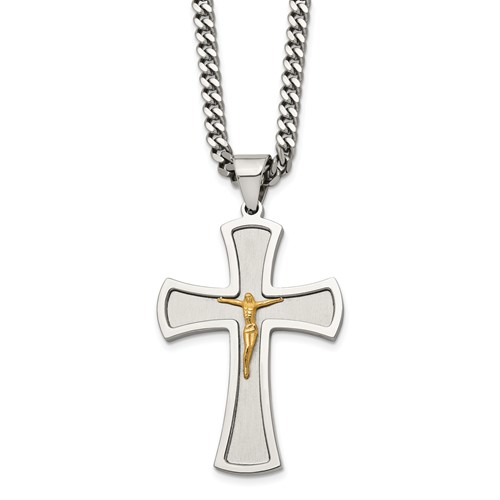 Chisel Stainless Steel Brushed and Polished Yellow IP-plated Crucifix Pendant on a Curb Chain Necklace, 24"