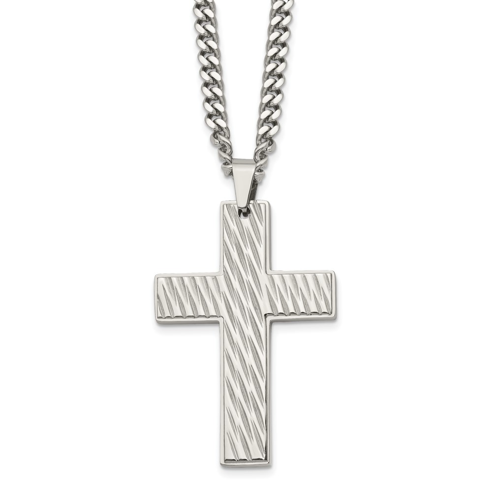 Stainless Steel Polished and Textured Cross 24in Necklace