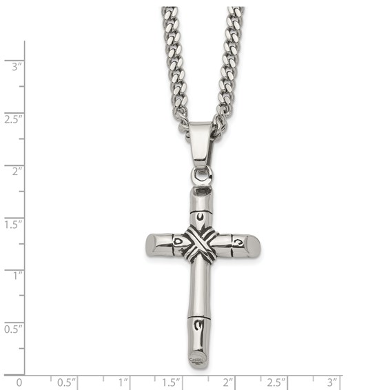 Chisel Stainless Steel Antiqued and Polished Reversible Cross Pendant on a 24 inch Curb Chain Necklace