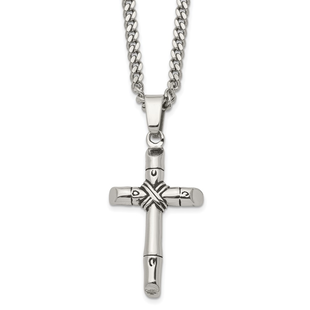 Stainless Steel Antiqued and Polished Reversible Cross 24in Necklace