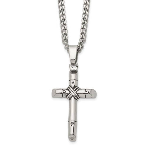 Chisel Stainless Steel Antiqued and Polished Reversible Cross Pendant on a Curb Chain Necklace, 24"