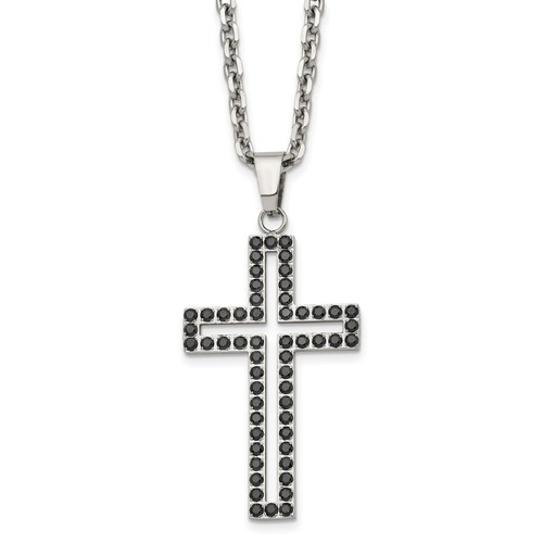 Chisel Stainless Steel Polished Black CZ Cutout Cross Pendant on a Cable Chain Necklace, 20"