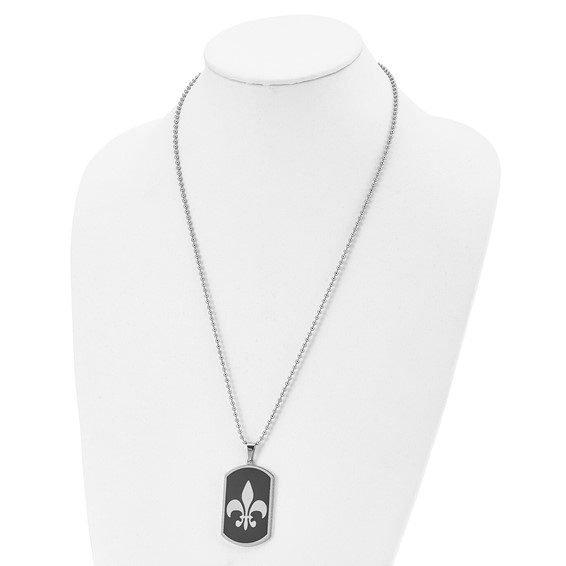 Chisel Stainless Steel Polished Black IP-plated Fleur de lis Dog Tag on a 24 inch Ball Chain Necklace