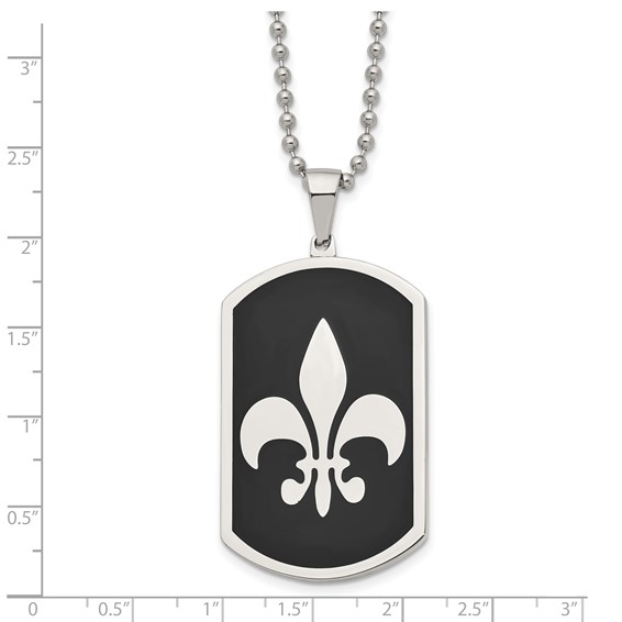 Chisel Stainless Steel Polished Black IP-plated Fleur de lis Dog Tag on a 24 inch Ball Chain Necklace