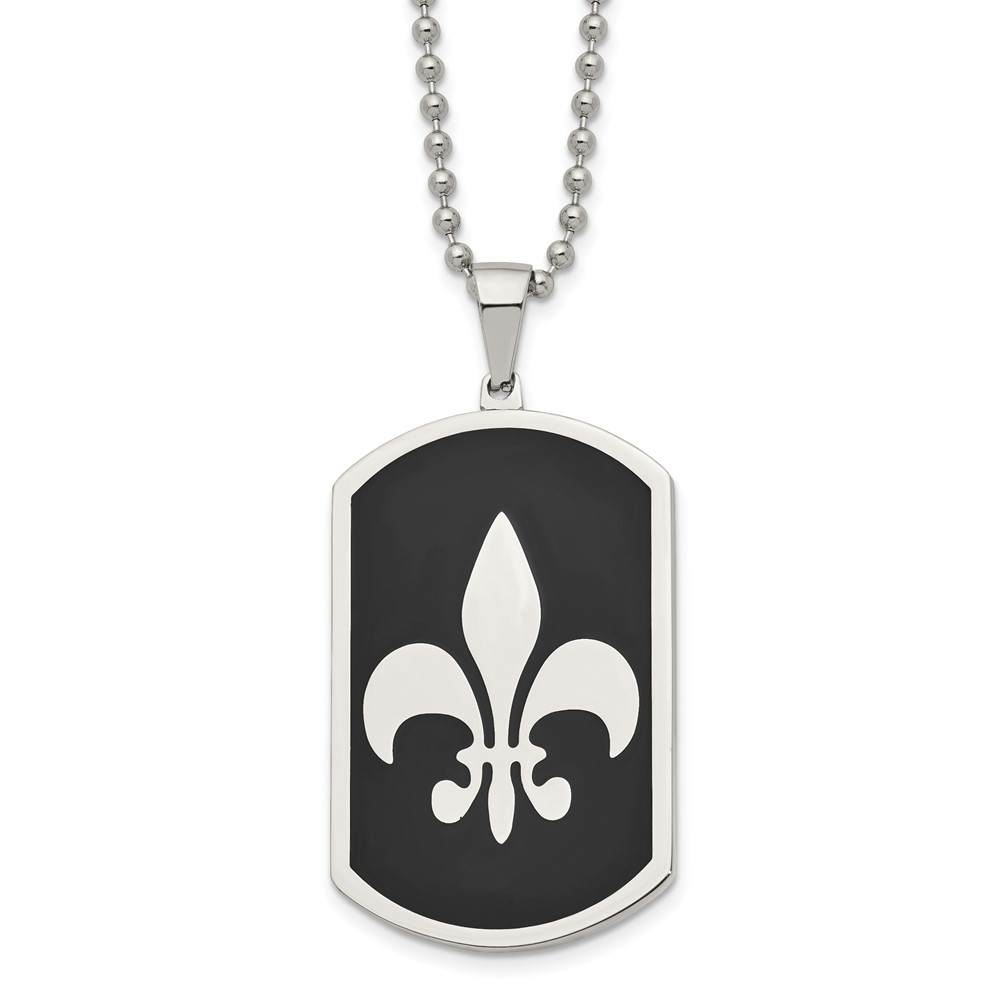 Stainless Steel Polished Black IP-plated Fleur de lis Dog Tag 24in Necklace