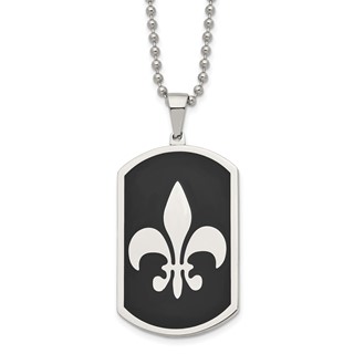 Chisel Stainless Steel Polished Black IP-plated Fleur de lis Dog Tag on a 24 inch Ball Chain Necklace