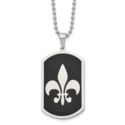 Chisel Stainless Steel Polished Black IP-plated Fleur De Lis Dog Tag on a Ball Chain Necklace, 24"