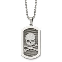 Chisel Stainless Steel Brushed and Polished Laser Cut Skull and Crossbones Dog Tag on a Ball Chain Necklace, 24" view 1
