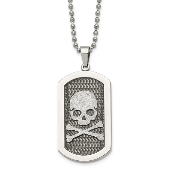 Chisel Stainless Steel Brushed and Polished Laser Cut Skull and Crossbones Dog Tag on a 24 inch Ball Chain Necklace