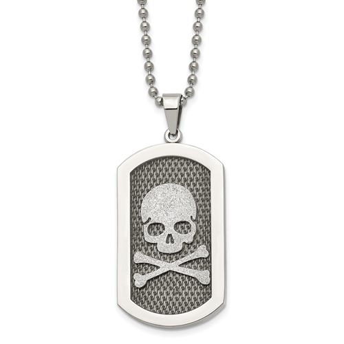 Chisel Stainless Steel Brushed and Polished Laser Cut Skull and Crossbones Dog Tag on a Ball Chain Necklace, 24"