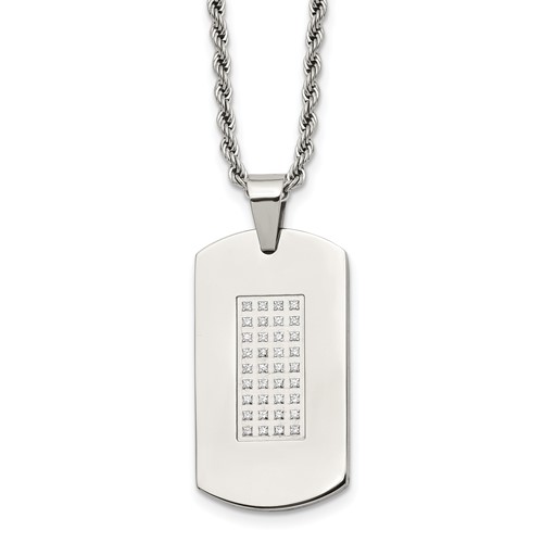 Chisel Stainless Steel Polished with CZ Dog Tag on a 22 Inch Rope Chain Necklace