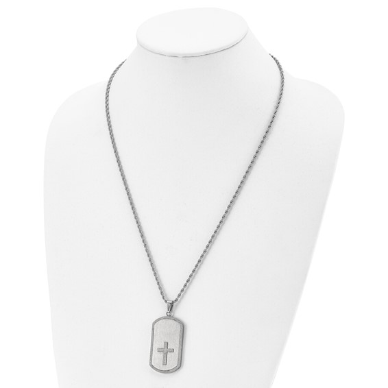 Chisel Stainless Steel Brushed Laser Cut Edges and Cross Dog Tag on a 24 inch Rope Chain Necklace