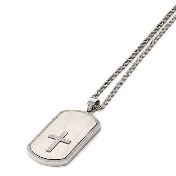Chisel Stainless Steel Brushed Laser Cut Edges and Cross Dog Tag on a 24 inch Rope Chain Necklace