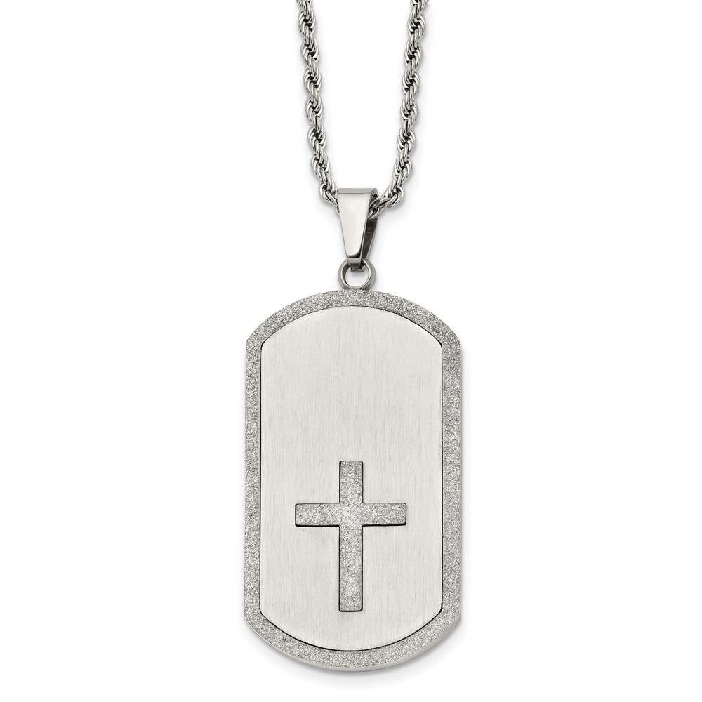 Stainless Steel Brushed Laser Cut Cross Dog Tag 24in Necklace