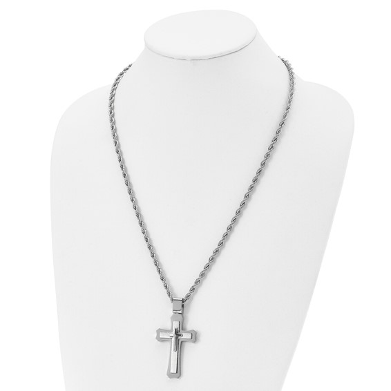 Chisel Stainless Steel Brushed and Polished Triple Layer Cross Pendant on a 24 inch Rope Chain Necklace