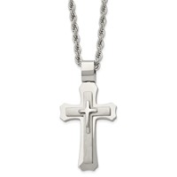 Chisel Stainless Steel Brushed and Polished Triple Layer Cross Pendant on a Rope Chain Necklace, 24" view 1