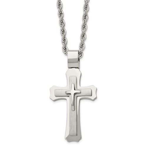 Chisel Stainless Steel Brushed and Polished Triple Layer Cross Pendant on a Rope Chain Necklace, 24"