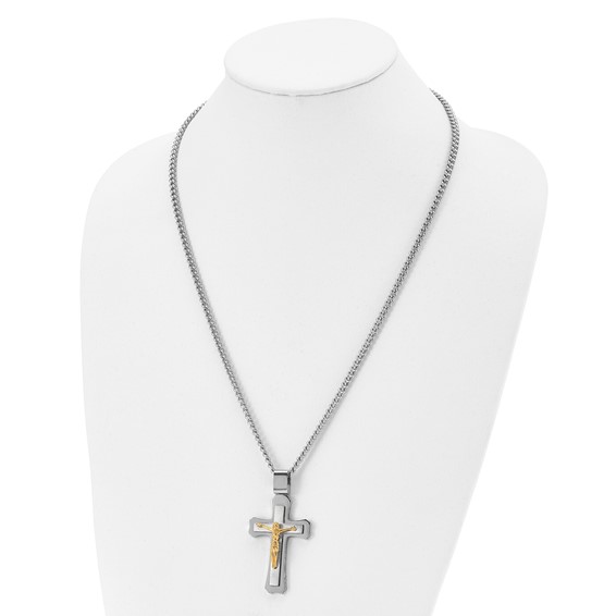 Chisel Stainless Steel Brushed and Polished Yellow IP-plated Crucifix Pendant on a 24 inch Curb Chain Necklace
