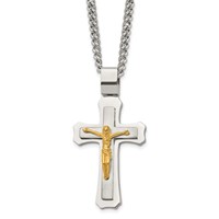 Chisel Stainless Steel Brushed and Polished Yellow IP-plated Crucifix Pendant on a Curb Chain Necklace, 24" view 1