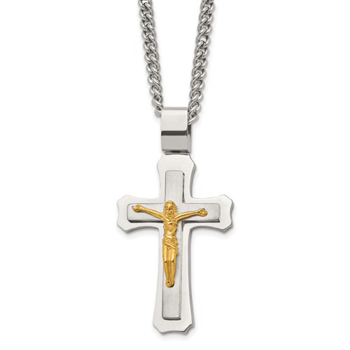 Chisel Stainless Steel Brushed and Polished Yellow IP-plated Crucifix Pendant on a Curb Chain Necklace, 24"