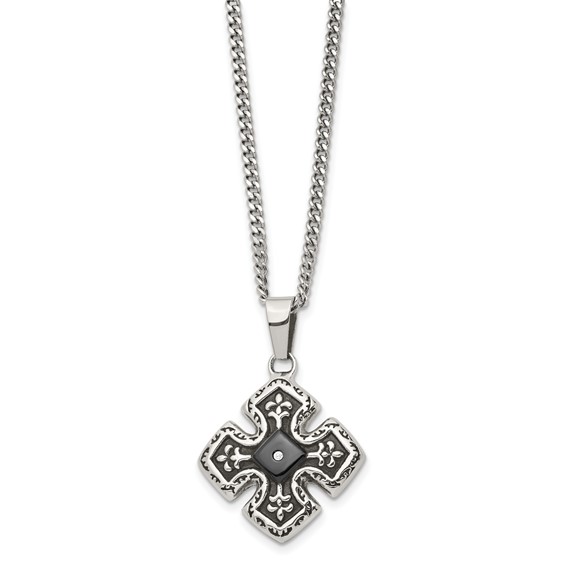 Chisel Stainless Steel Polished Black IP-plated with CZ Celtic Cross Pendant on a 20 inch Curb Chain Necklace