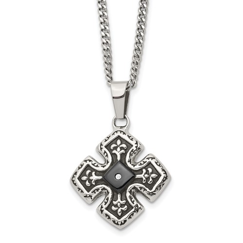 Chisel Stainless Steel Polished Black IP-plated Necklace with CZ Celtic Cross Pendant on a Curb Chain, 20"