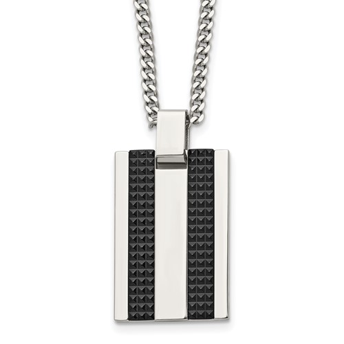Chisel Stainless Polished and Textured Black IP-plated Rectangle Dog Tag on a Curb Chain Necklace, 22"