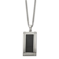 Chisel Stainless Steel Polished Grooved Black Carbon Fiber Inlay Rectangle Dog Tag on a Curb Chain Necklace, 24" view 3