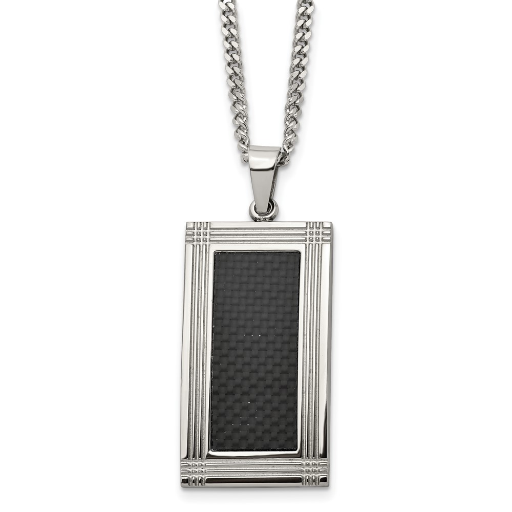 Stainless Steel Polished Grooved Black Carbon Fiber Inlay 24in Necklace