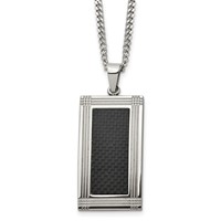 Chisel Stainless Steel Polished Grooved Black Carbon Fiber Inlay Rectangle Dog Tag on a Curb Chain Necklace, 24" view 1