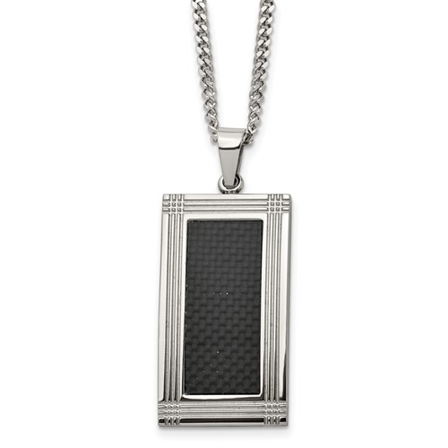 Chisel Stainless Steel Polished Grooved Black Carbon Fiber Inlay Rectangle Dog Tag on a Curb Chain Necklace, 24"