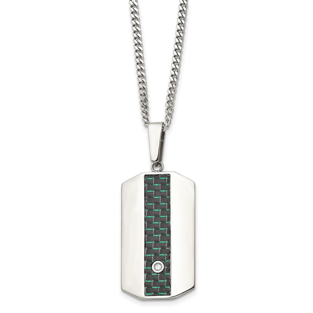 Stainless Steel Polished Blk/Green Carbon Fiber Inlay CZ Dog Tag Necklace