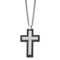 Chisel Stainless Steel Brushed and Polished Black IP -plated Edges CZ Cross Pendant on a Cable Chain Necklace, 24" view 3